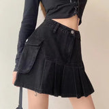 Joskaa hoco dresses Jeans Mini Skirt Goth Denim Pleated Skirts with Big Pockets Women Girl Summer Punk Y2K Black Faldas High Waist Korean Fashion