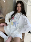 Black Friday Joskaa Kawaii Strawberry Patchwork Hoodies Women White Star Graphic Long Sleeve Oversized Streetwear Autumn Y2k Clothes 2000s