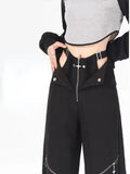 Joskaa American Low Waisted Zipper Hollow Out Black Cargo Pants Summer High Waist Denim  2024 New Loose Wide Leg Jeans Women