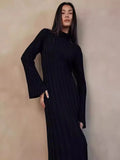 Black Friday Joskaa Fall Winter New Knitted Dress Female Casual Big Striped High Collar Sweater Long Dress Elegant Flare Sleeve Party Dresses