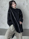 Back To School Joskaa Off Shoulder Zipper T-shirts Women Streetwear Zip Up Long Sleeve Loose Tee Design Harajuku Hip Hop 0-neck Grunge Clothes