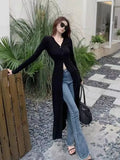 Joskaa Vintage Lazy V-neck Sun Protection Coat 2024 Summer New Slim Fit Thin Tops Women Y2k Grunge Long Sleeve Cardigan Mujer