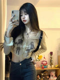 Back To School Joskaa Y2k Lace Crop Tops for Girls American Retro Graphic Cardigan T-shirts Women Coquette Summer Fashion Long Sleeve Clothes