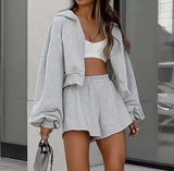 Joskaa Casual Sports Shorts Set for Women Autumn Zipper Hooded Long Sleeved Jacket Loose Shorts 2 Pieces Loose Casual Gray Sports Set