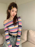 Black Friday Joskaa Long Sleeve Striped Sweater Off Shoulder Jumpers for Women 2024 Kawaii Pullover Y2k Korean Style Sweet Girls Top Fashion