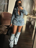 Joskaa Blue Denim 3 Piece Set Women Sexy Lapel Button Long Sleeve Mini Dress and Trousers Leg Matching Fall 2024 Streetwear