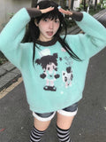 Black Friday Joskaa Kawaii Anime Print Sweater for Women Cutecore Green Knitted Pullover Japan Style Long Sleeve Oversized Winter Clothes