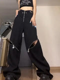 Joskaa Streetwear Cargo Pants Women Y2k Baggy Techwear Wide Leg Trousers Sexy High Waisted Hollow Out Gray Black Pantalones Mujer