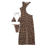 Joskaa Leopard Print Beach Dress Three Piece Sets Women Sexy Cut Out Sleeveless Dress Fashion Bikini Set Summer Swimsuit 2024 Beachwear