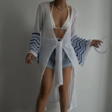 Joskaa Knitted Beach Cover-Ups Women Fashion Striped Bandage Long Sleeve Cardigan Summer Sexy Bikini Cover Up 2024 Holiday Outfits