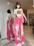 Joskaa American Retro Pink Star Jeans for Women 2024 Summer New Straight Denim Trousers Y2k E-Girl Loose Wide Leg Pants Mujer