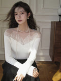 Black Friday Joskaa White Off Shoulder Knit Sweater Women Lace Transparent Mesh Long Sleeve Crop Pullovers Fairycore Aesthetics Clothes Chic