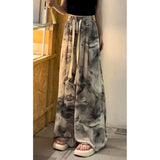 Joskaa New Chinese Ink Painting  Straight Trousers Y2k E-Girl High Waist Loose Wide Leg Pants 2024 Summer Thin Black Skirts