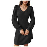 Joskaa Women'S Fashion Autumn Dress V Neck Braided One Line Long Sleeve Gown Sweater Dress Long Knit Sweater Dress For Women Elegant