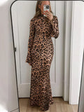 Black Friday Joskaa Leopard Print Stand Collar Sexy Dress For Women Fashion Ruffle Sleeve Slim Maxi Dress Female 2024 Autumn New High Street