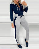 Elegant 2-Piece Sets Women 2024 Sporty Chic Track Pants Autumn Color Blocked Zipper Hooded Sweatshirt Drawstring Sweatpants Set