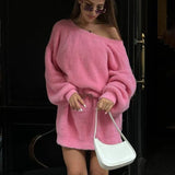 Black Friday Joskaa Faux Mink Pullover Sweater Female V-neck Reversible Autumn Winter Lanter Sleeve Loose Midi  Knitted Sweater Solid Elegant