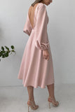 Joskaa Solid Color Backless Lantern Sleeve Midi Dress