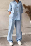 Joskaa Solid Color Lapel Button Down Wide Leg Pants Set