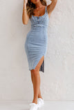 Joskaa Zipper Distressed Denim Slit Midi Dress