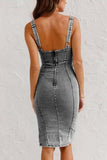 Joskaa Zipper Distressed Denim Slit Midi Dress