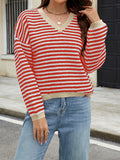 christmas outfit Joskaa Long Sleeves Loose Contrast Color Jacquard Striped V-Neck Pullovers Sweater Tops