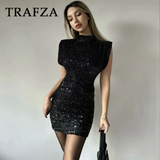 thanksgiving outfit Joskaa 2024 Women Sequined Party Dress Shoulder Pad Sheath Mini Dress Sleeveless Nightclub Party Women Elegant Chic Dresses