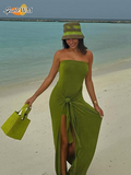 Joskaa Elegant Pleated Backless Sleeveless Maxi Dress Sexy Green Open Fork Slim Fit Dresses New Lady Summer Vacation Party Robes 2025