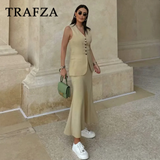 thanksgiving outfit Joskaa 2024 Spring Summer Casual Women Solid Suits Fashion Vintage V Neck Single Breasted Vests+Chic Elastic Waist Long Skirts