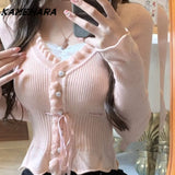 Joskaa Japanese Harajuku Style Sequin Splicing Deep V-neck Long Sleeve Top Spicy Girl Style Slim Fit Chic Tee Retro Y2K Blouse