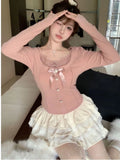 Joskaa Japanese Kawaii Y2k 2 Piece Set Women Lace Sexy Elegant Retro Skirt Suit Female Autumn Winter Chic Tops + Cake Mini Skirt 2025