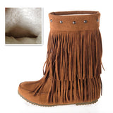 thanksgiving outfit Joskaa Women's 2 Layer Fringe Tassels Flat heel Half knee high Boots fur Shoes Big Size 34-47 Snow Boots Zapotos