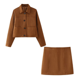 Joskaa Vintage Short Suede Jacket Mini Skirt Set Women Lapel Single Breasted Crop Coat A-line Skirts 2024 Autumn Lady Commute Outfit