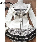 Joskaa Cute Soft Girl Style Gray White Checkered Lace Patchwork Short Skirt Bow Waist Cinching Patchwork Top Autumn Y2k Sets