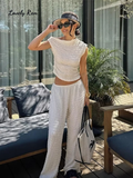 Joskaa Elegant Asymmetric Fold Top Pant Sets Women Slim Sleeveless Slash Neck Tops Wide Leg Pants 2024 Summer Lady Casual 2 Pieces Set