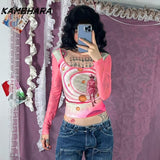 Joskaa Japanese Hotgirl Millennium Hot Girl Y2k Printed Long Sleeve T-shirt Slim Fit Square Neck Mesh See Through Top 민소ë§?í‹?여성