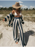 thanksgiving outfit Joskaa Casual Striped Knit Pants Sets Women Hollow Out  Turn-down Collar Blouse High Waist Trousers Set 2024 Summer Chic Lady Outfit