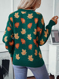 christmas outfit Joskaa Long Sleeves Loose Contrast Color Jacquard Knitted Leaves Split-Joint Round-Neck Pullovers Sweater Tops