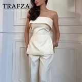 thanksgiving outfit Joskaa 2024 Spring Summer Women Elegant Solid Suit Fashion Casual Strapless Sleeveless Slim Short Tops+High Waist Zipper Pants