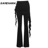 Joskaa American High Street Ballet Lace Street Cool Punk Style Capris Fake Two Irregular Tassel Straight Leg Casual Pants Y2k