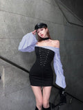 Joskaa Woman  American Style Vintage Off Shoulder Lace Up Sexy Dress New Streetwear Casual Y2k Mini Dress Patchwork Fashion Slim Dress