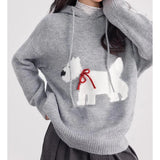 cold weather outfits Joskaa Dog Printed Cute Hooded Sweater Knit Women Y2k Drawstring Long Sleeve Pullover Sweater Loose Casual Hoodies Fall Winter