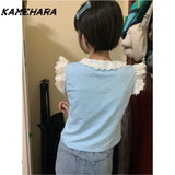 Joskaa Y2k Japanese Little Fly Sleeve Lace Edge Cute Sleeveless T-shirt Summer New Girl Versatile Top Ins 민소ë§?í‹?여성 Kpop Tank