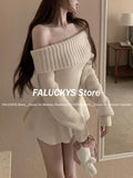 Joskaa Autumn Winter Sweet Y2k Off Shoulder Sweater Women Slash Neck Ruffles Elegant Slim Knitted Tops Korean Fashion Casual Pullovers