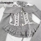 Joskaa Japanese Harajuku Style One Shoulder Hanging Neck Suspender Knitted Coat Shibuya Street Cake Half Skirt Y2k 2 Piece Set