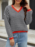 christmas outfit Joskaa Long Sleeves Loose Contrast Color Jacquard Striped V-Neck Pullovers Sweater Tops