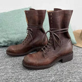 Joskaa Women's Ankle Boots Lace-up Girl Cowboy Motorcycle Trend New Rock Punk Fashion Low Heel Designer Shoes Round Toe Leather Boots