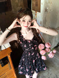 Joskaa French Black Floral A-line Strap Dress Women Retro Rose Elegant Dots Mini Dress 2025 Summer Korean Style Causal One Piece Dress