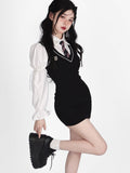 Joskaa Korean Preppy Style Dress Women Y2k Sweet Spicy Fashion Fake Two-piece Set Bubble Sleeves Polo Collar Mini Dress Autumn Summer