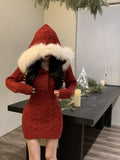 Joskaa 2025 Winter Knitted Sweater Dress Hooded Women Slim Bodycon Y2k Mini Dress Faux Fur Female One Piece Dress Korean Elegant